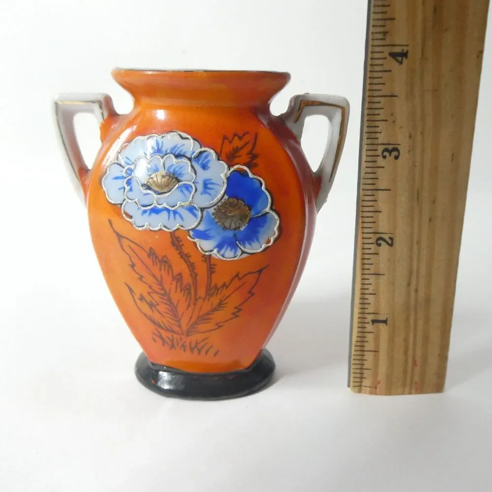 Orange Vase Blue Flowers Art Deco Japan Vintage Porcelain 3.75
